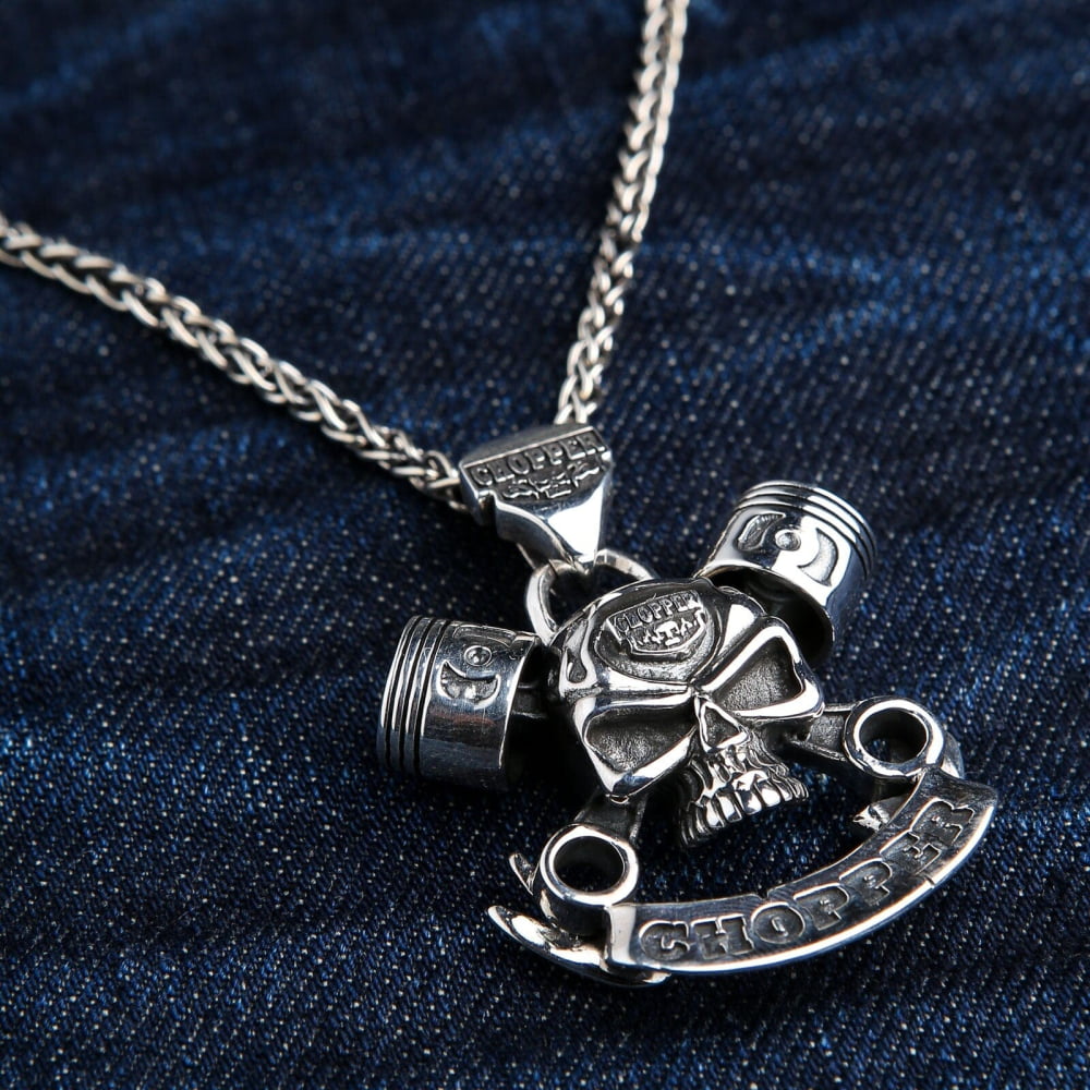 V-Twin Engine Pendant with Skull & Wrench — .925 Sterling Silver