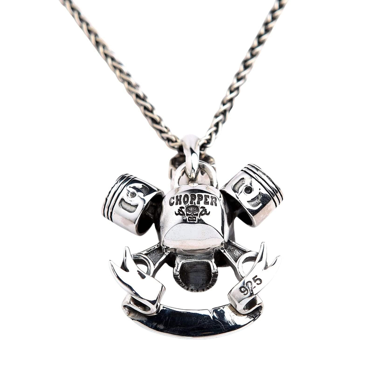 V-Twin Engine Pendant with Skull & Wrench — .925 Sterling Silver