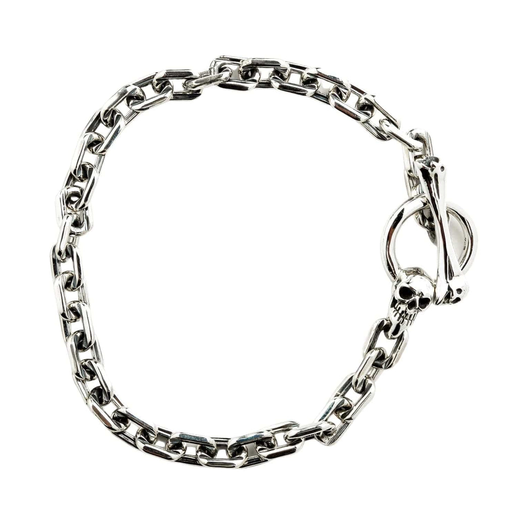 Skull T-Bar Curb Link Bracelet — .925 Sterling Silver 6mm Chain