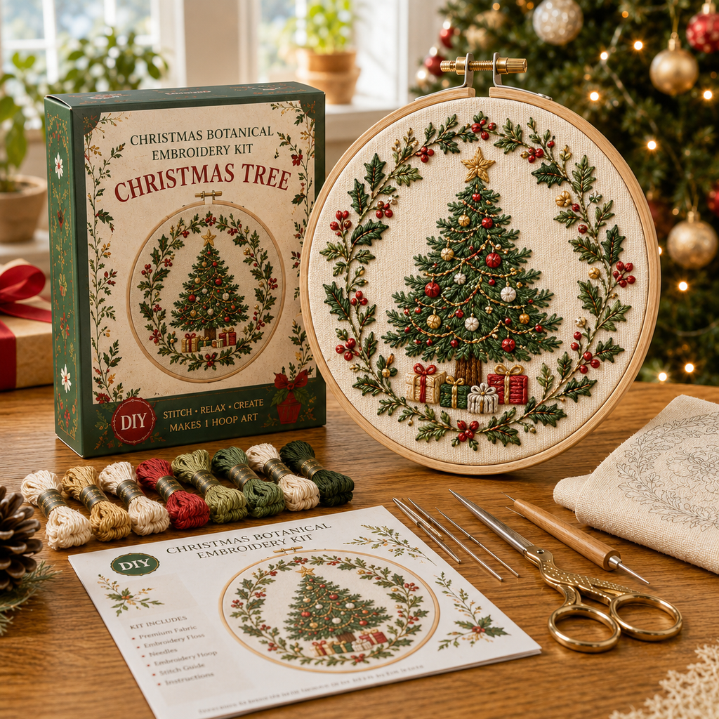 Christmas Botanical Embroidery Kit – Festive DIY Hoop Art Collection