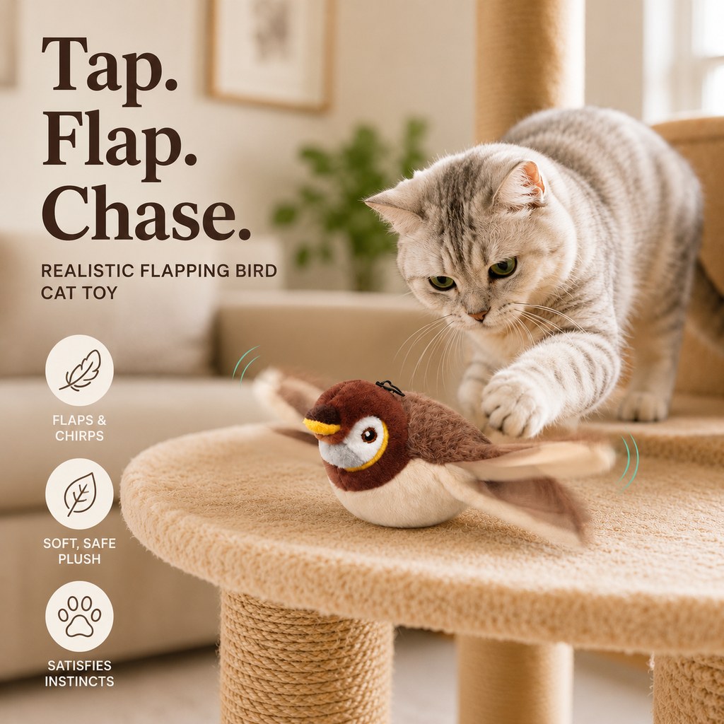Mosrugs Rechargeable Flapping Bird Cat Toy for Indoor Cats - Tap-Activated Plush Kicker Toy for Boredom Relief & Hunting Instinct Play