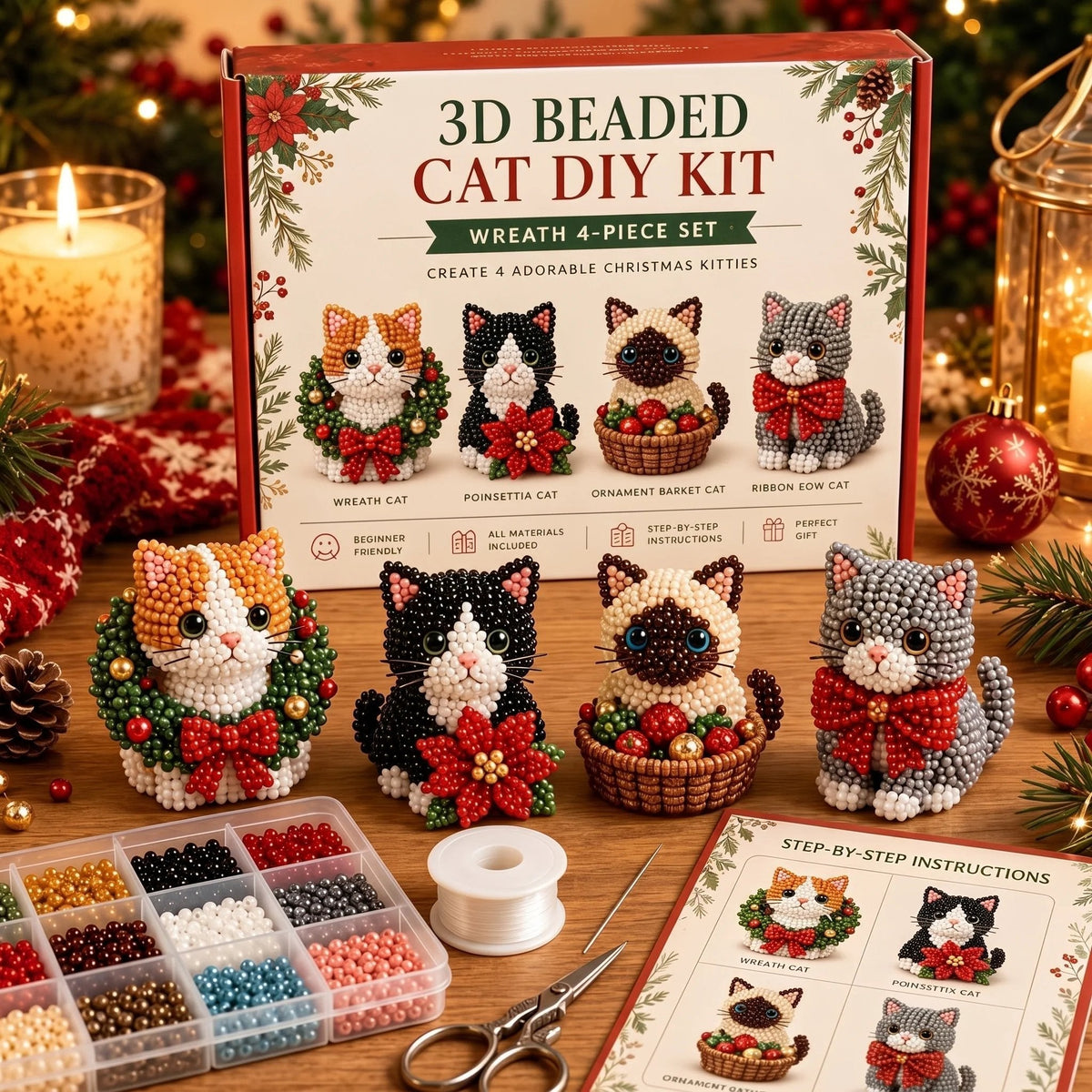 Beginner-Friendly DIY 3D Christmas Beaded Ornament Kit | Complete 4-Piece Set with Glass Beads, All Tools & Step-by-Step Guide Included
