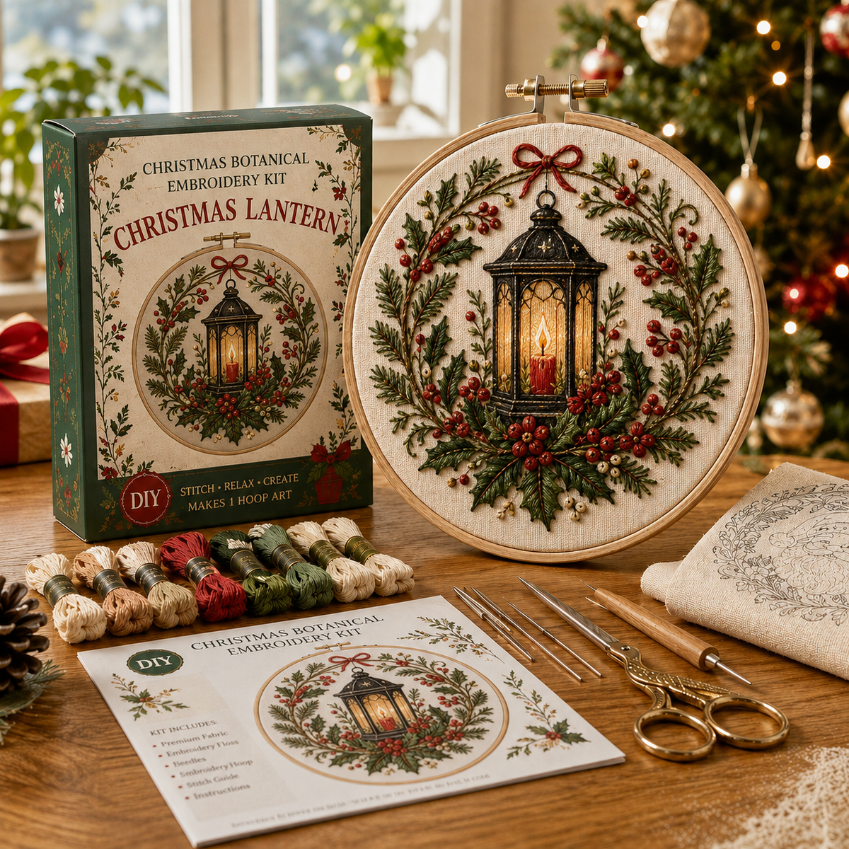 Christmas Botanical Embroidery Kit – Festive DIY Hoop Art Collection