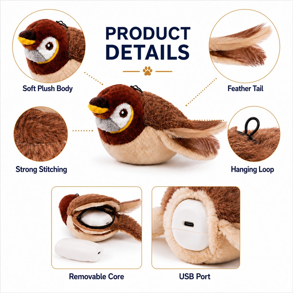 Mosrugs Rechargeable Flapping Bird Cat Toy for Indoor Cats - Tap-Activated Plush Kicker Toy for Boredom Relief & Hunting Instinct Play