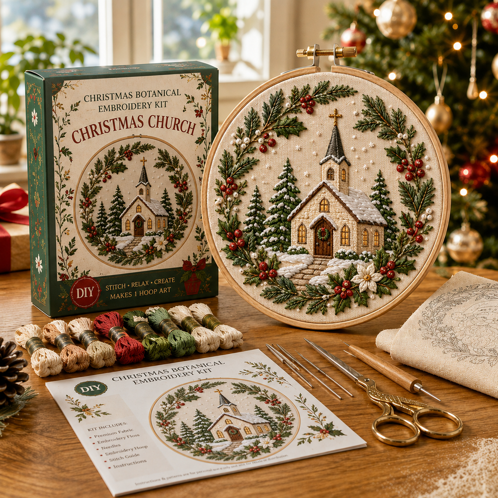 Christmas Botanical Embroidery Kit – Festive DIY Hoop Art Collection