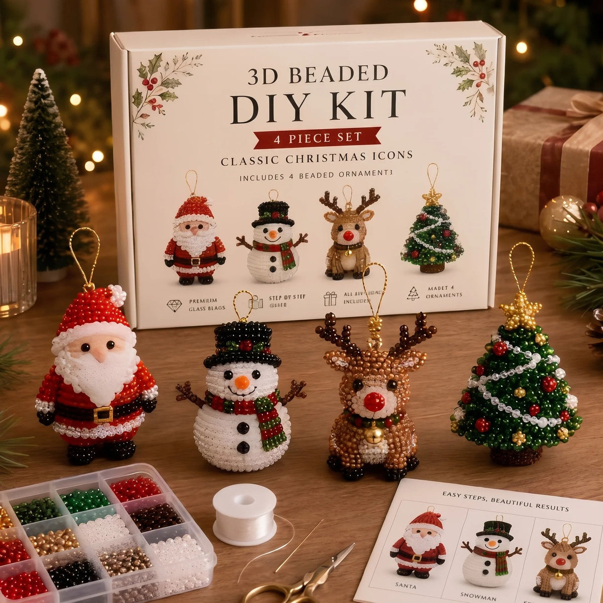 Beginner-Friendly DIY 3D Christmas Beaded Ornament Kit | Complete 4-Piece Set with Glass Beads, All Tools & Step-by-Step Guide Included