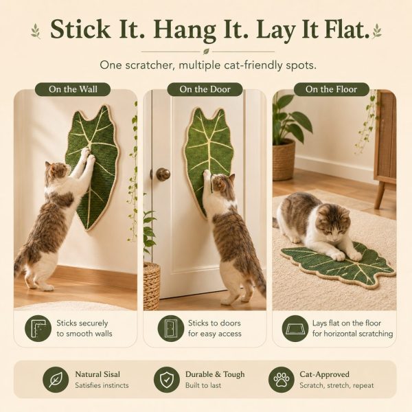 Botanical Stick-On Sisal Cat Scratcher Mat for Walls, Doors & Floors – Redirect Scratching Away From Furniture