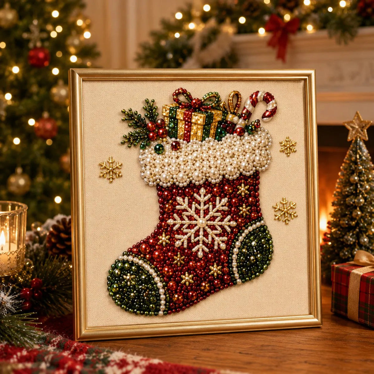 DIY Christmas Pearl Art Kit with Frame – 3D Bead Craft Decor