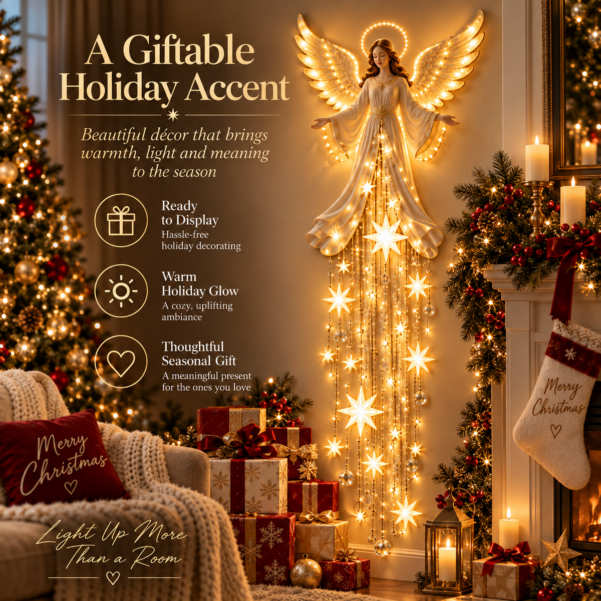Lighted Christmas Angel Wall Decor – Glowing Star Cascade Holiday Decoration