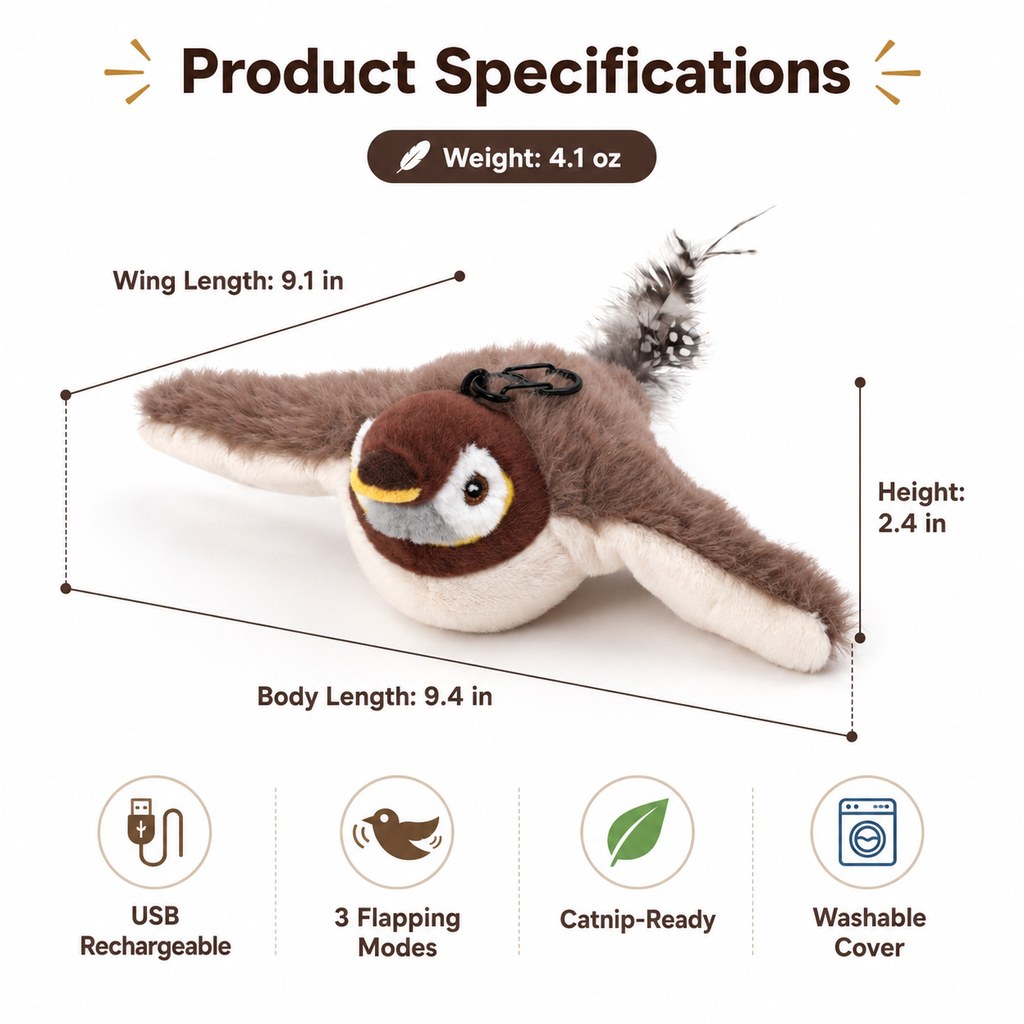 Mosrugs Rechargeable Flapping Bird Cat Toy for Indoor Cats - Tap-Activated Plush Kicker Toy for Boredom Relief & Hunting Instinct Play