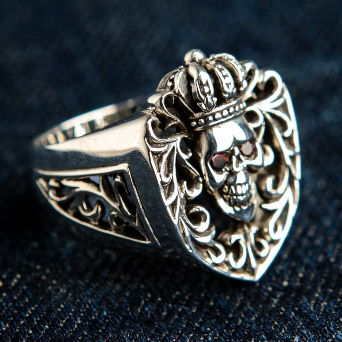 Crown Sterling Silver Skull Ring with Red Garnet Eyes