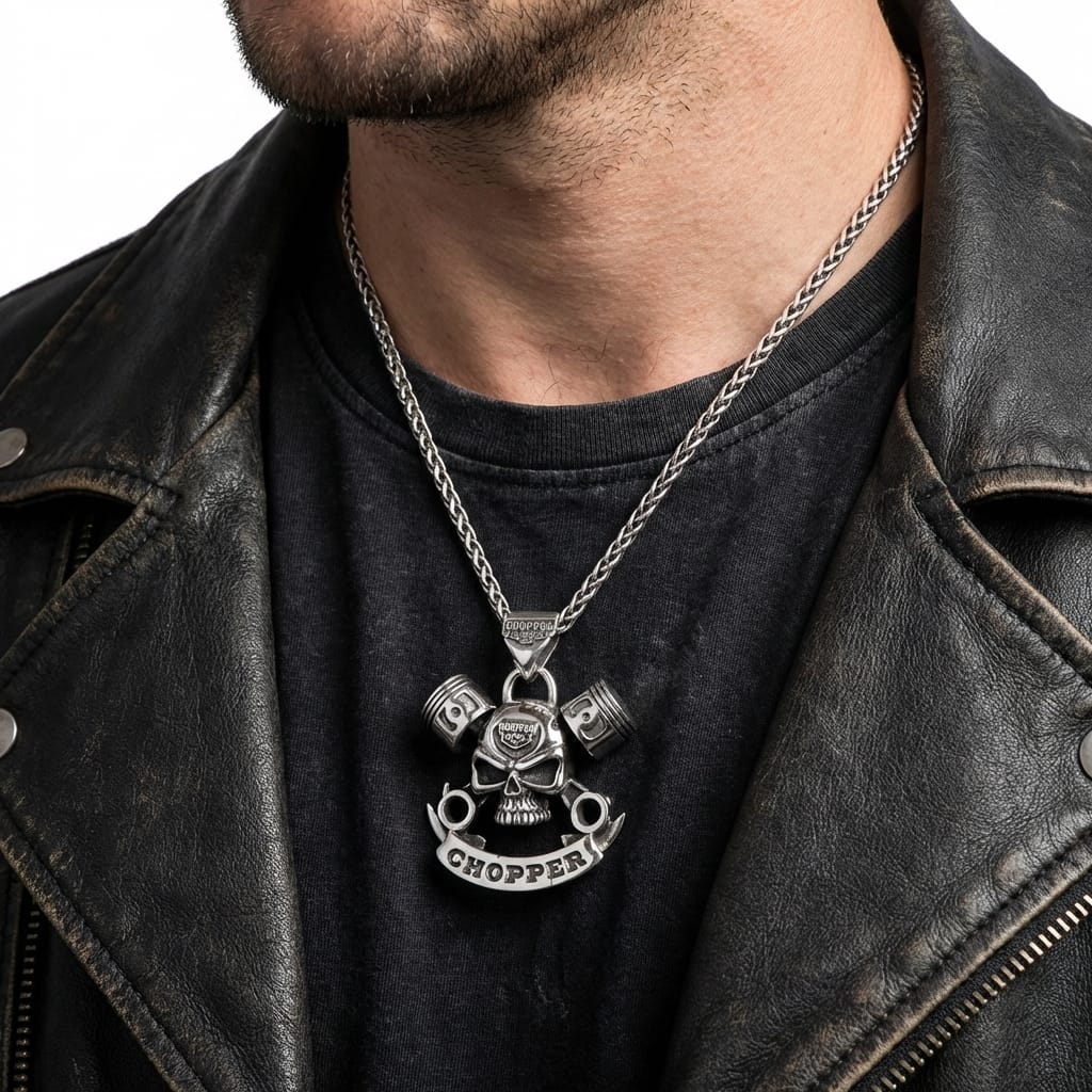 V-Twin Engine Pendant with Skull & Wrench — .925 Sterling Silver