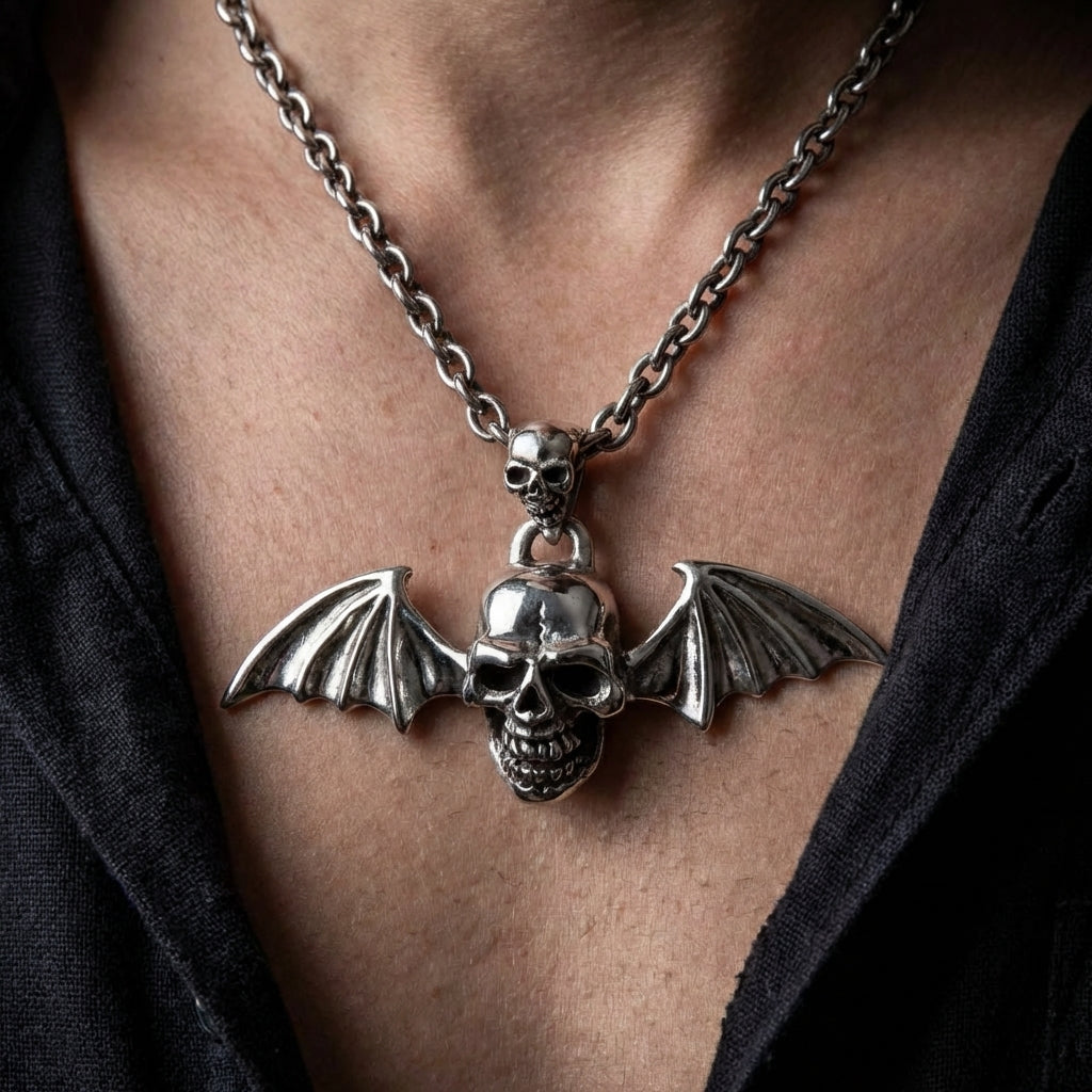 Skull Vampire Pendant with Bat Wings — .925 Sterling Silver
