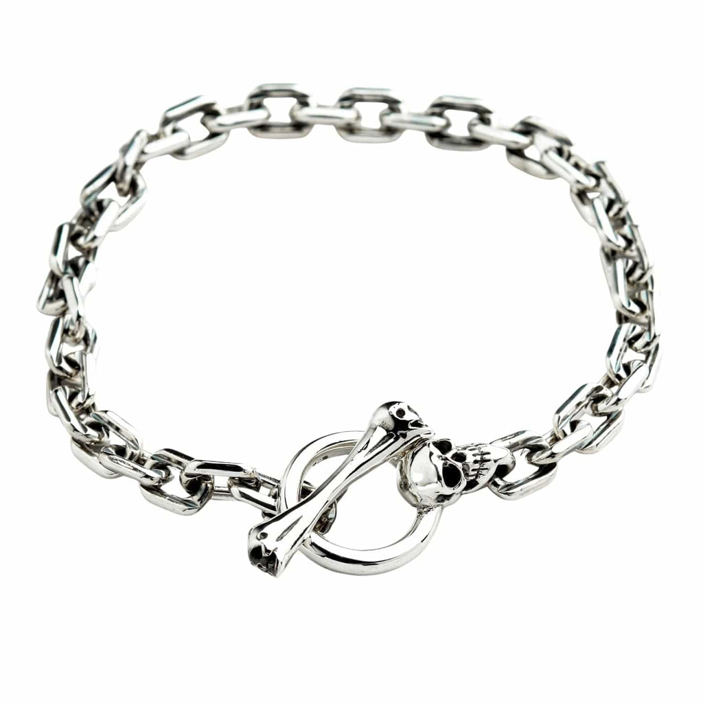 Skull T-Bar Curb Link Bracelet — .925 Sterling Silver 6mm Chain
