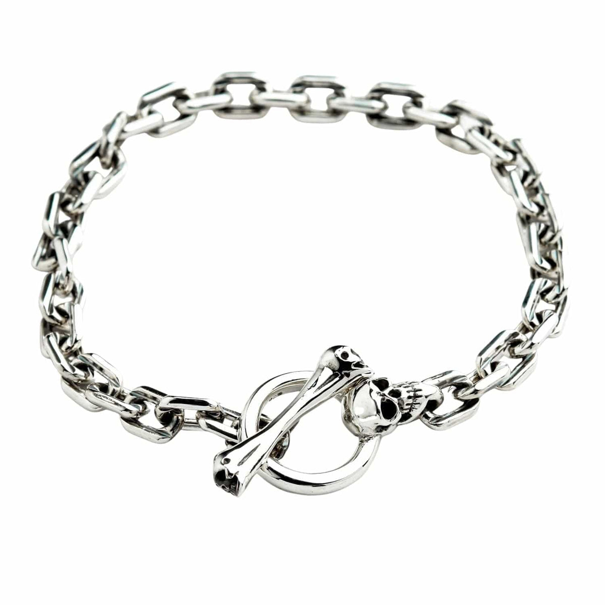 Skull T-Bar Curb Link Bracelet — .925 Sterling Silver 6mm Chain