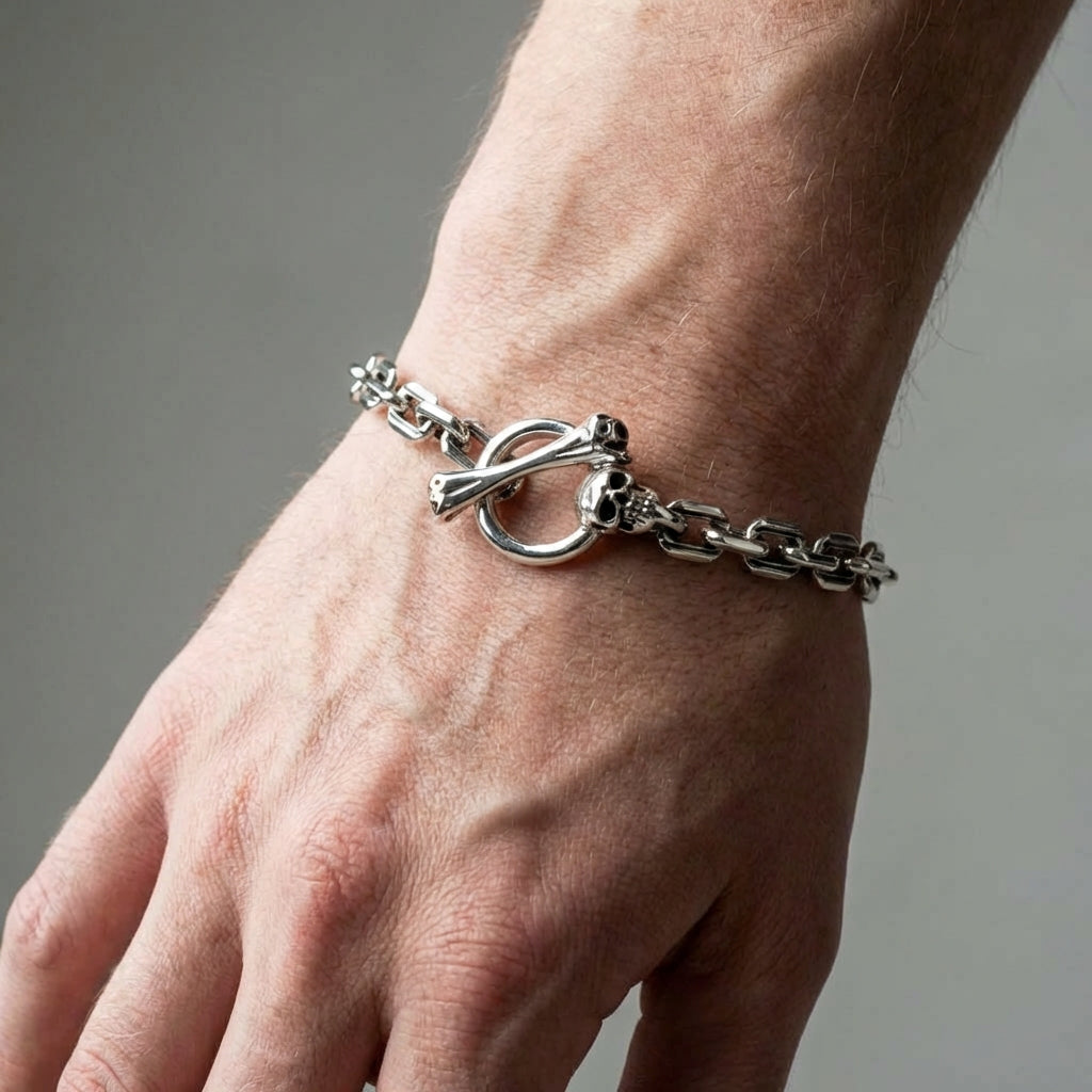 Skull T-Bar Curb Link Bracelet — .925 Sterling Silver 6mm Chain