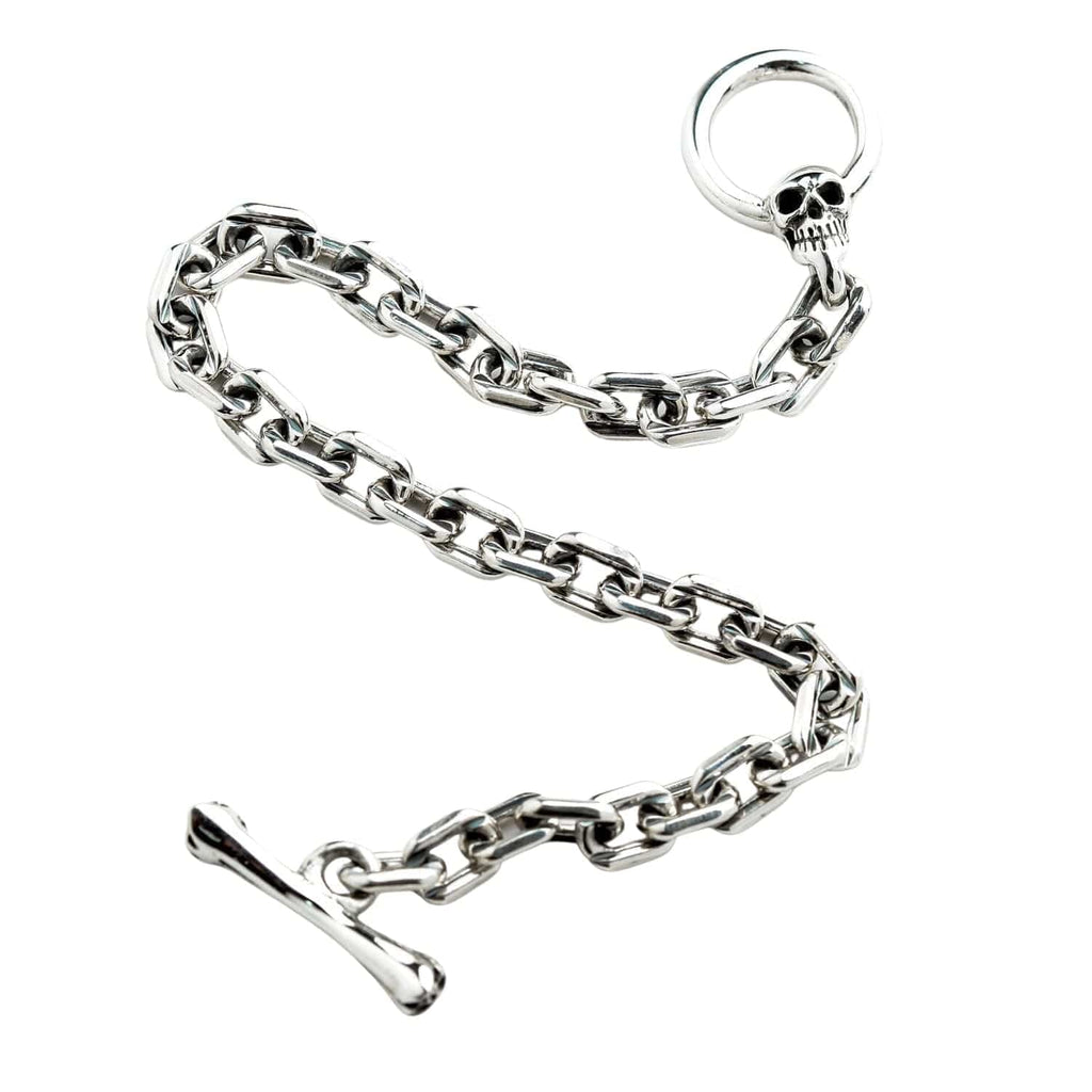 Skull T-Bar Curb Link Bracelet — .925 Sterling Silver 6mm Chain