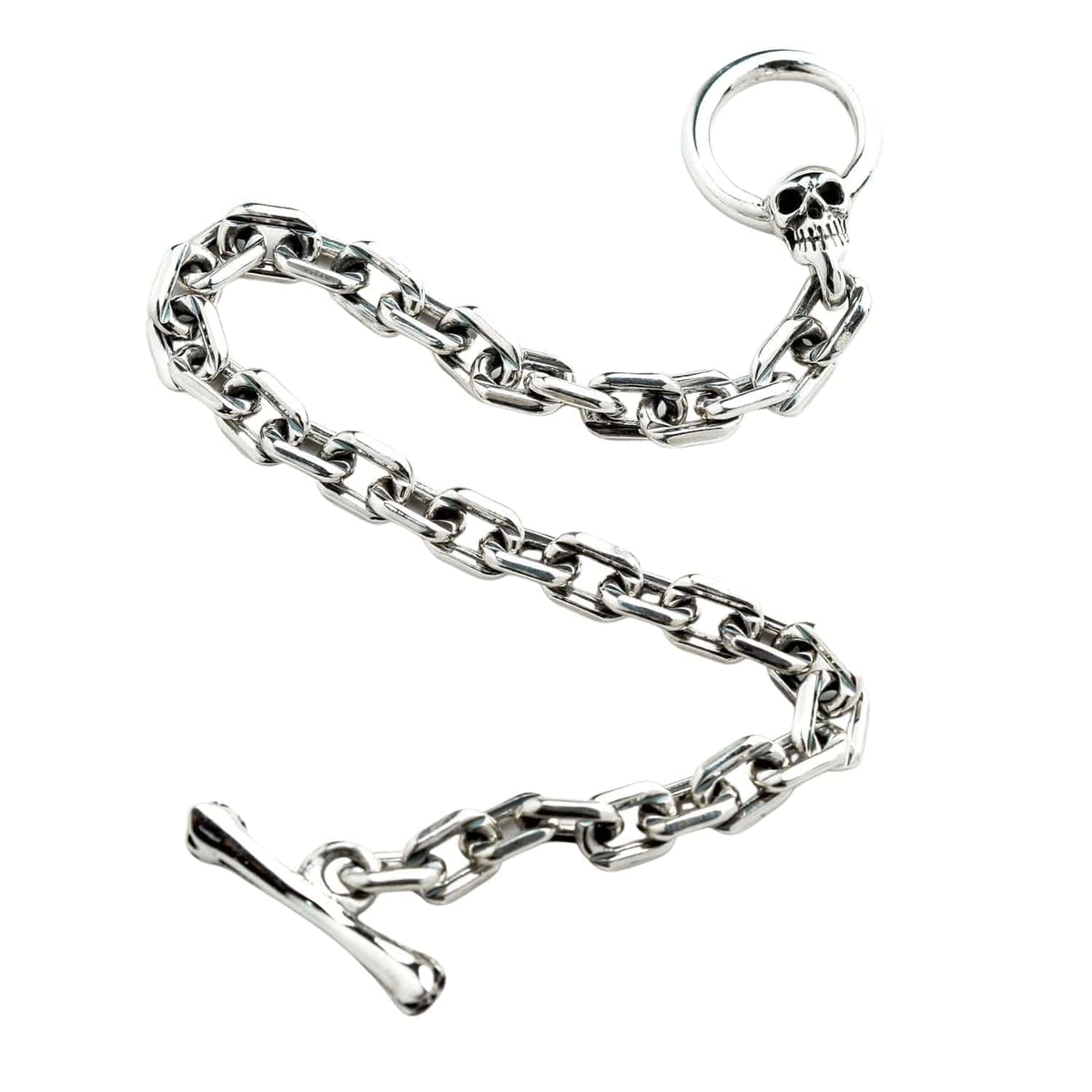 Skull T-Bar Curb Link Bracelet — .925 Sterling Silver 6mm Chain