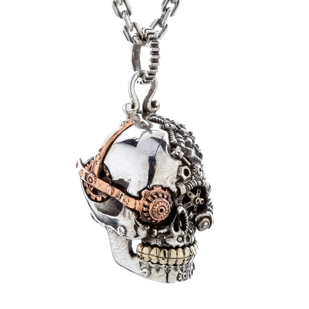 Steampunk Skull Pendant — .925 Sterling Silver with Copper & Brass