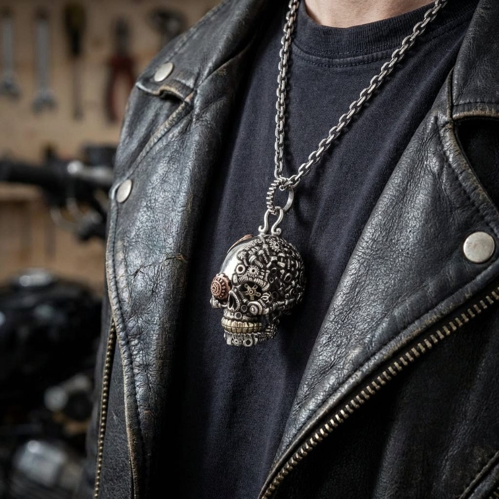 Steampunk Skull Pendant — .925 Sterling Silver with Copper & Brass