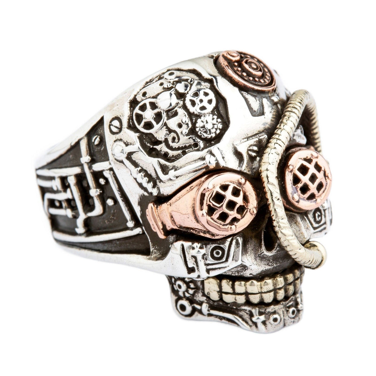 Steampunk Skull Ring — Tri-Metal Sterling Silver with Copper & Brass
