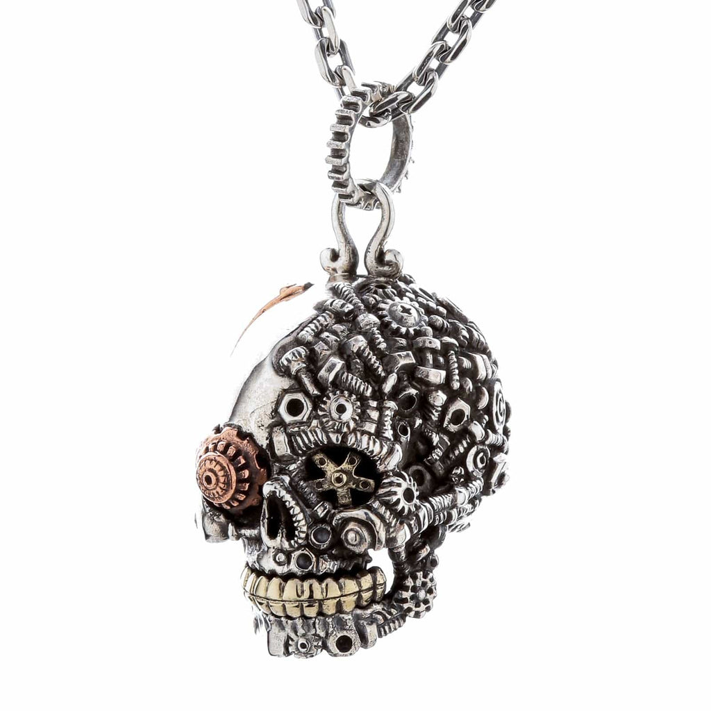 Steampunk Skull Pendant — .925 Sterling Silver with Copper & Brass