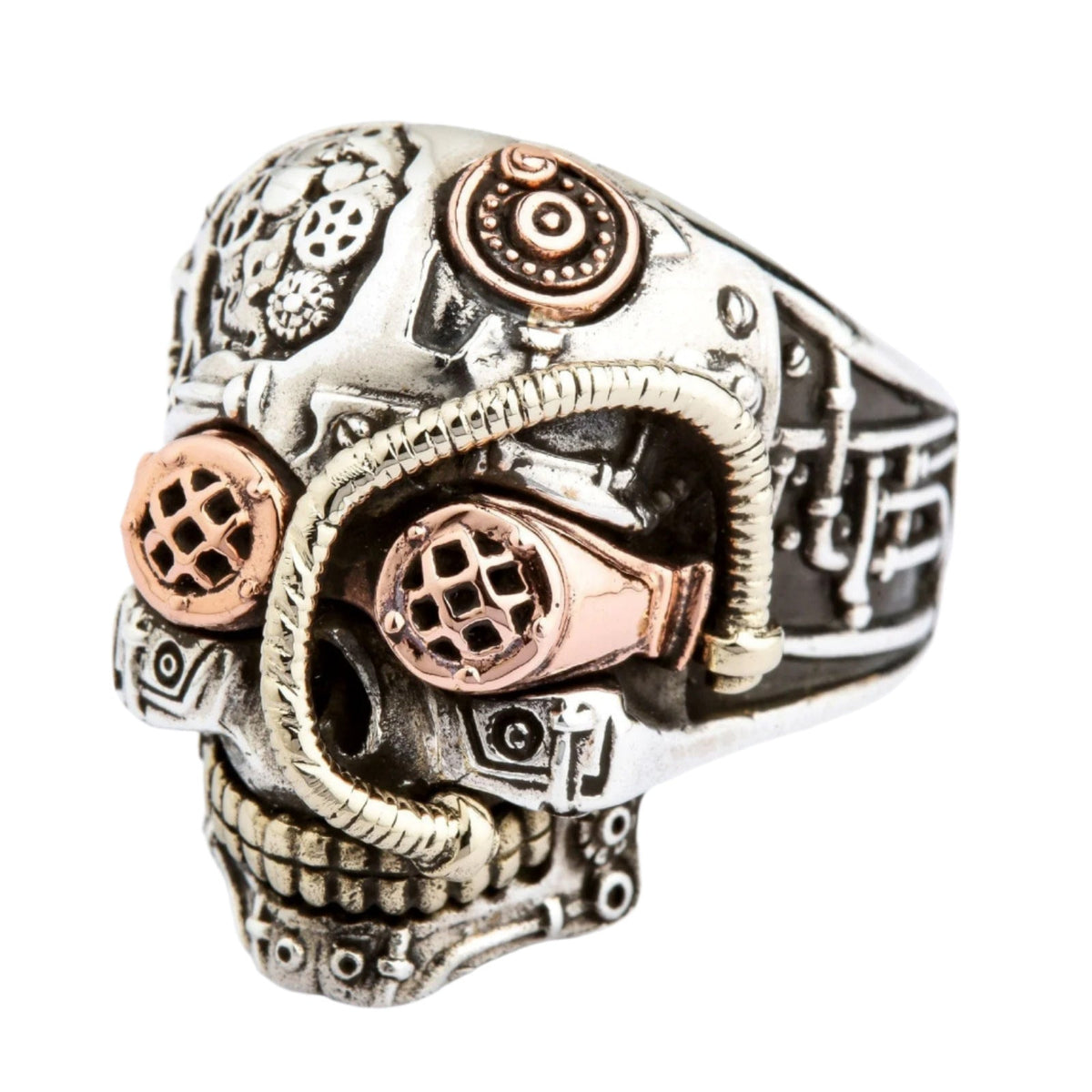 Steampunk Skull Ring — Tri-Metal Sterling Silver with Copper & Brass