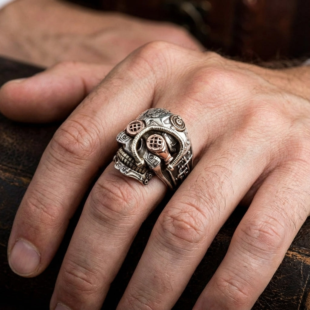 Steampunk Skull Ring — Tri-Metal Sterling Silver with Copper & Brass