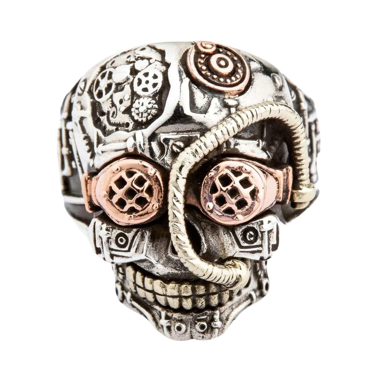 Steampunk Skull Ring — Tri-Metal Sterling Silver with Copper & Brass