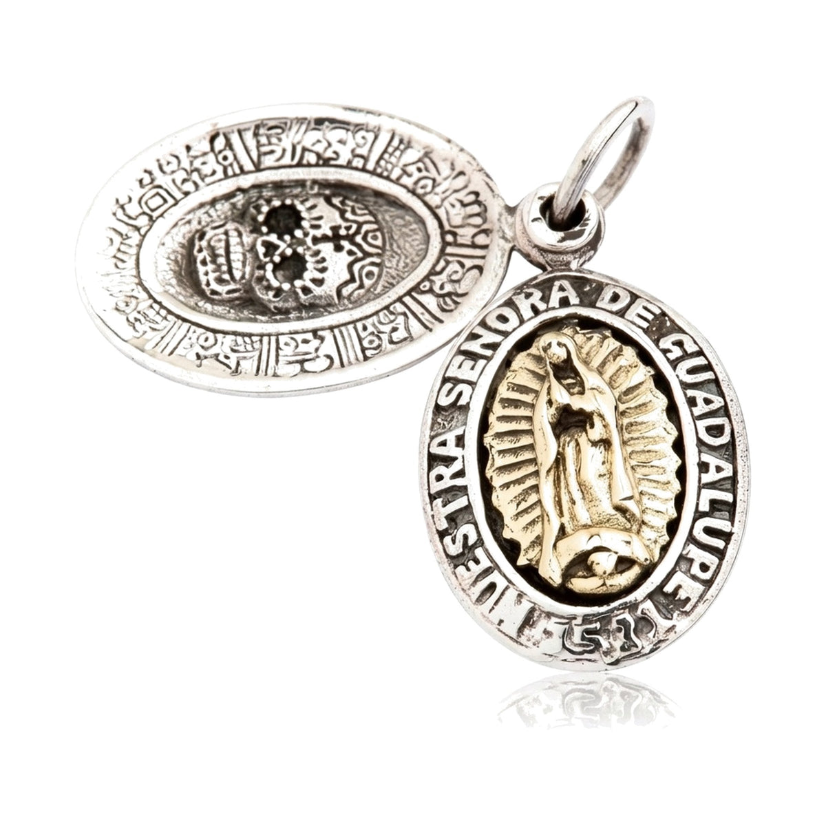 Guadalupe & Sugar Skull Double Medal Pendant — .925 Silver & Brass