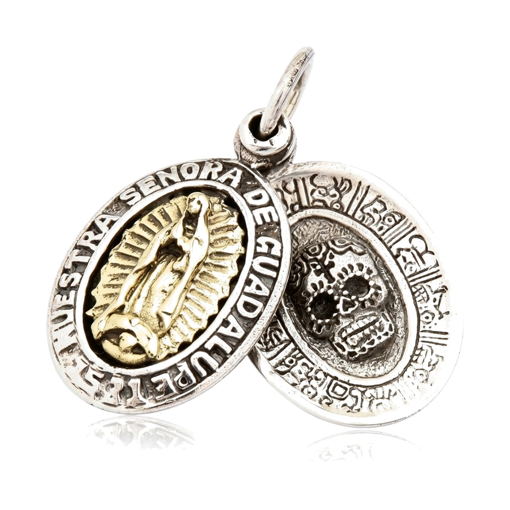 Guadalupe & Sugar Skull Double Medal Pendant — .925 Silver & Brass