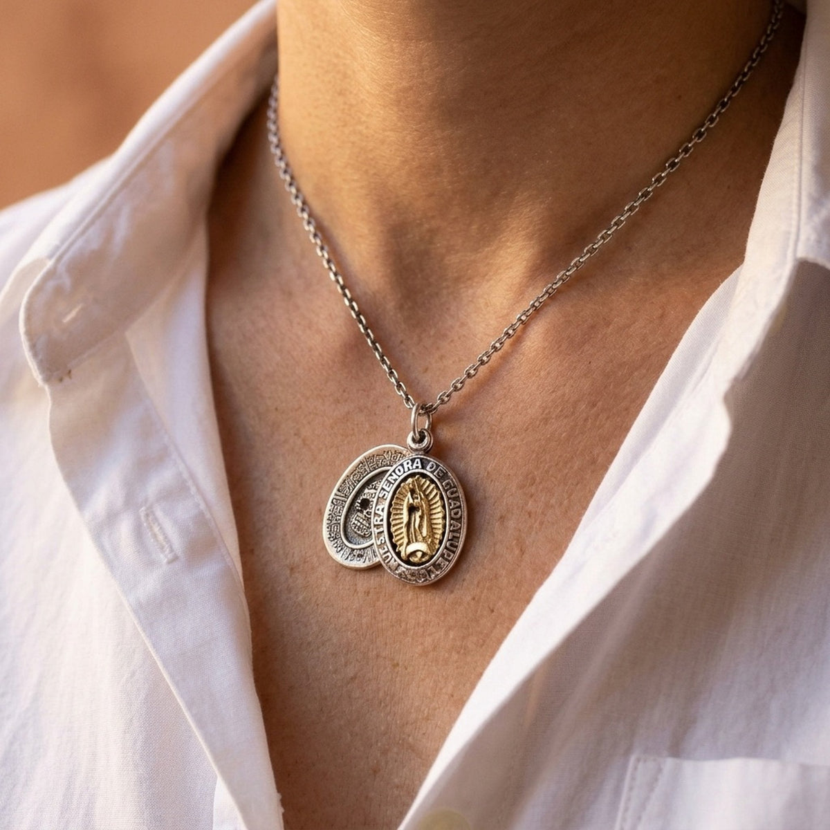 Guadalupe & Sugar Skull Double Medal Pendant — .925 Silver & Brass